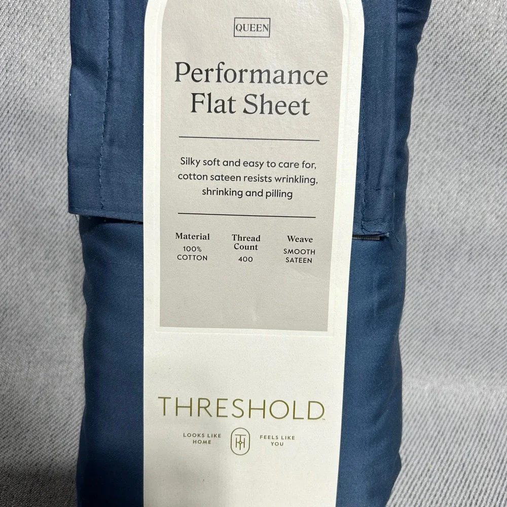 Threshold Queen Performance Flat Sheet Metallic Blue 400 Thread Cotton Sateen